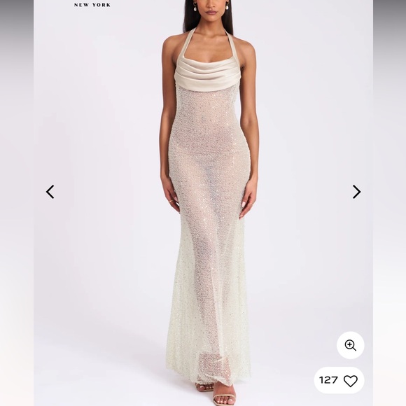 Miss Circle Dresses & Skirts - Zahya Lime Halter Backless Beaded Mesh Gown